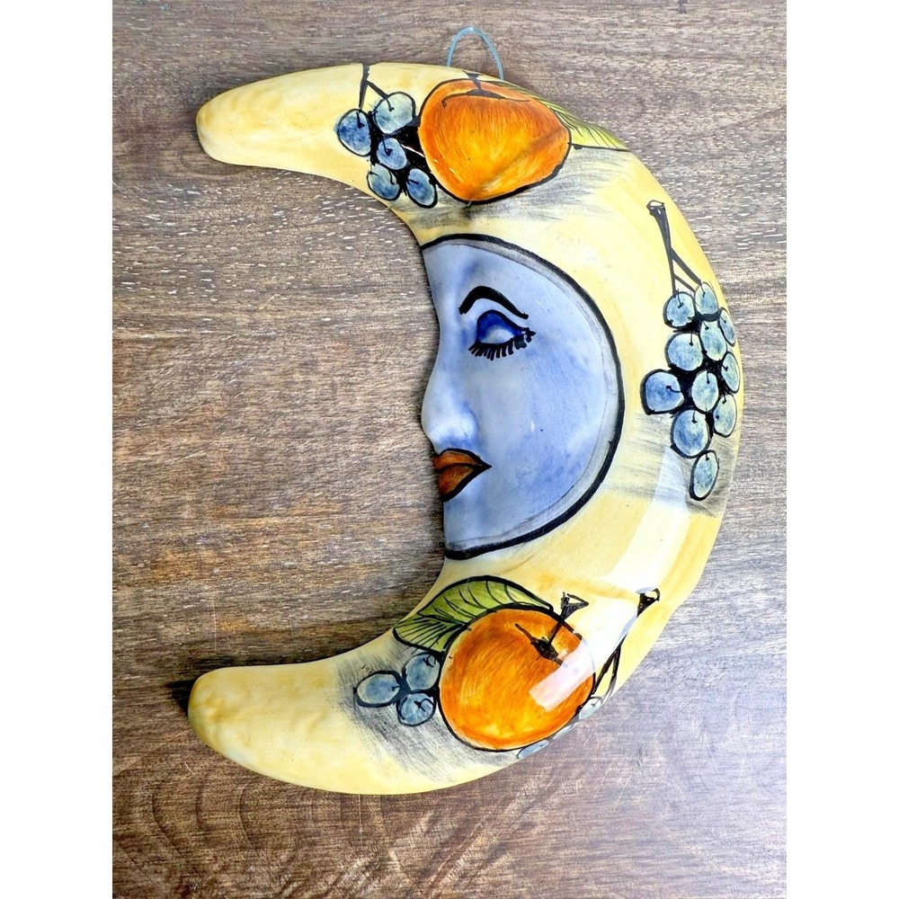 Vintage Celestial Moon Face Wall Plaque Mexico Boho Fruit Folk Art Decor 1990s